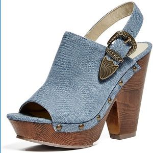 G by Guess Women's Stripe Open-Toe Denim Clogs